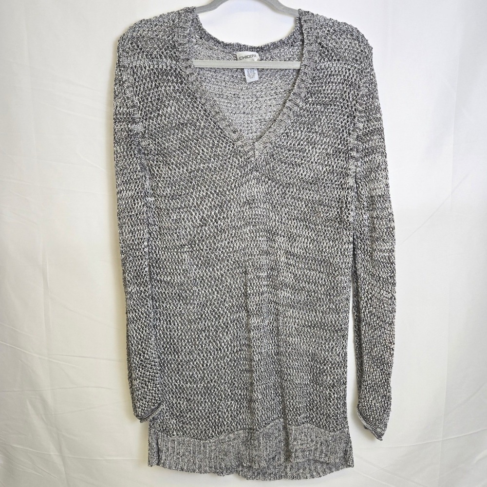 Chico's Open Knit V-Neck Tunic Sweater,‎ Relaxed Cozy, Marled Gray, Size 3 - XL